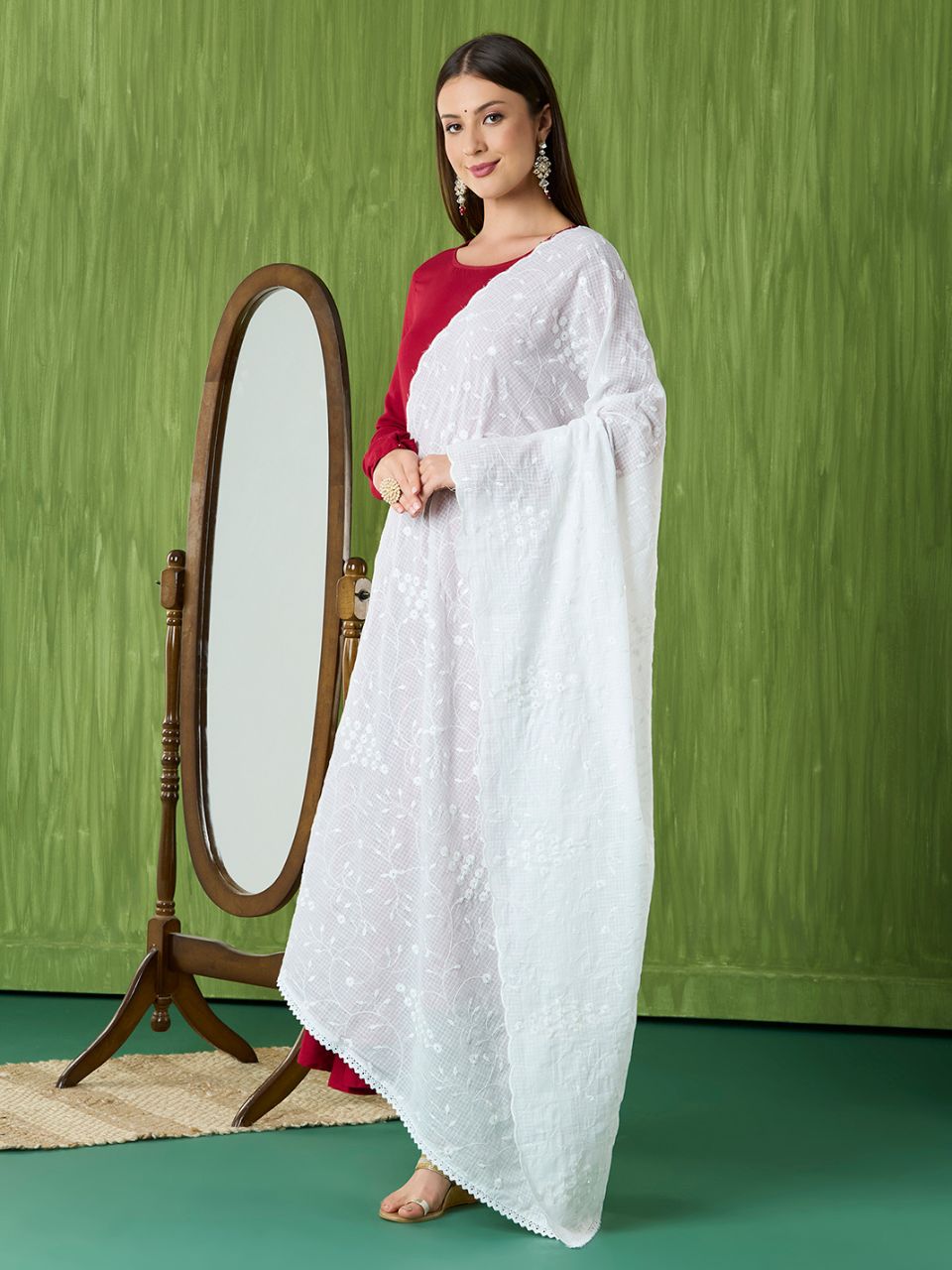 White Embroidered Pure Kota Cotton Dupatta with Scallops