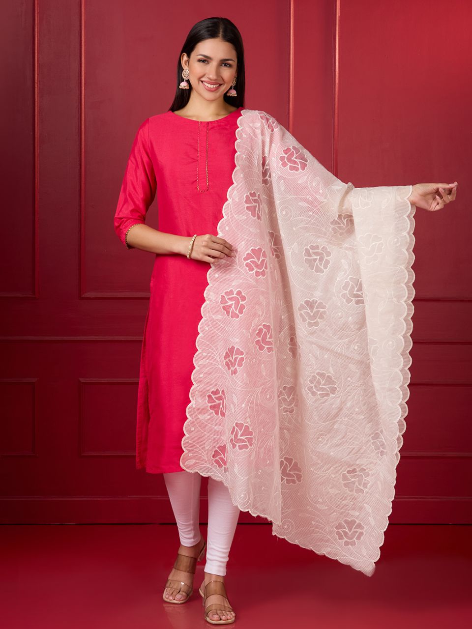 Off White Embroidered Chandei Dupatta with Floral Embroidery