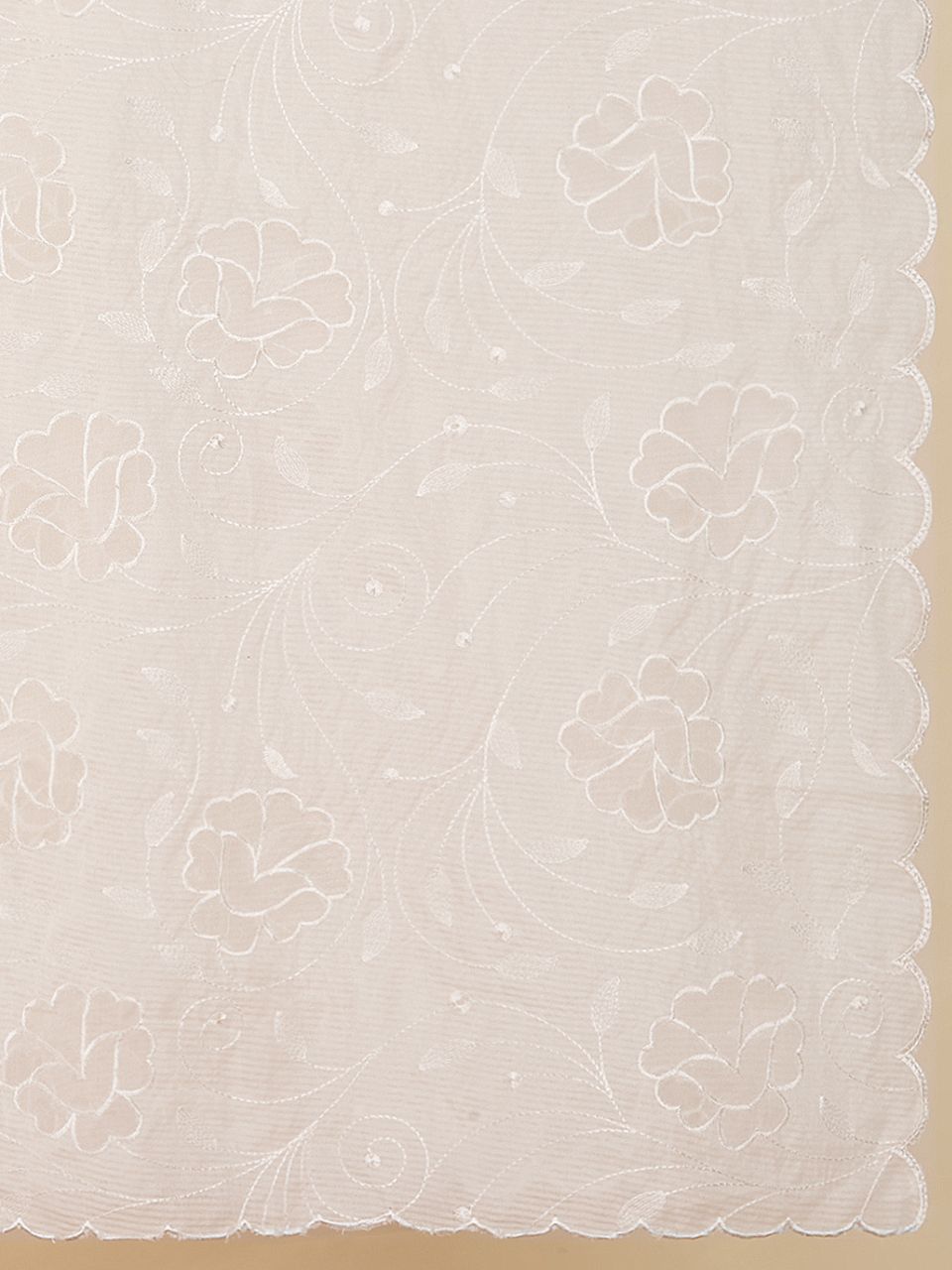 Off White Embroidered Chandei Dupatta with Floral Embroidery