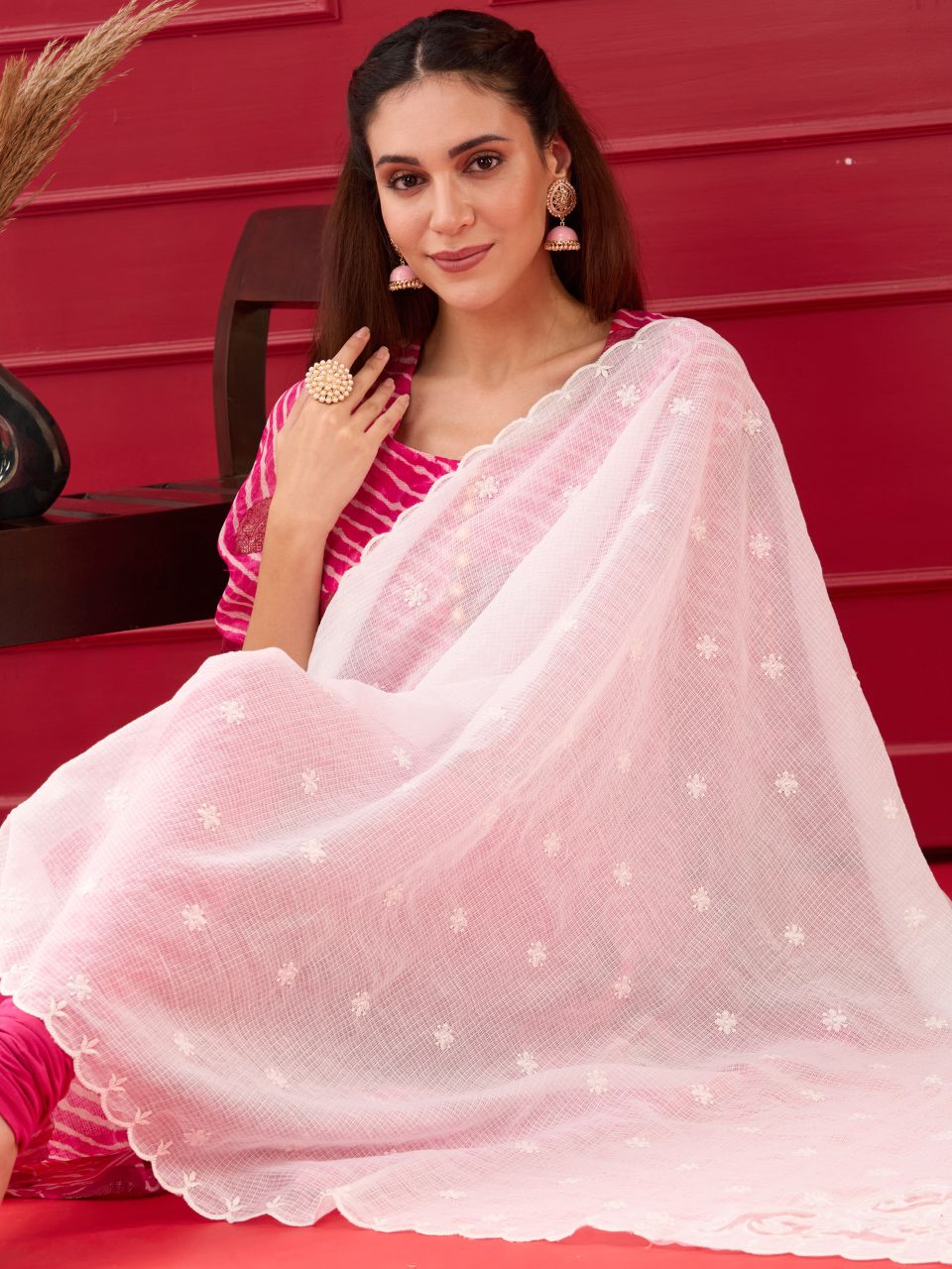 White Embroidered Kota Cotton Dupatta with Cutwork on Corners