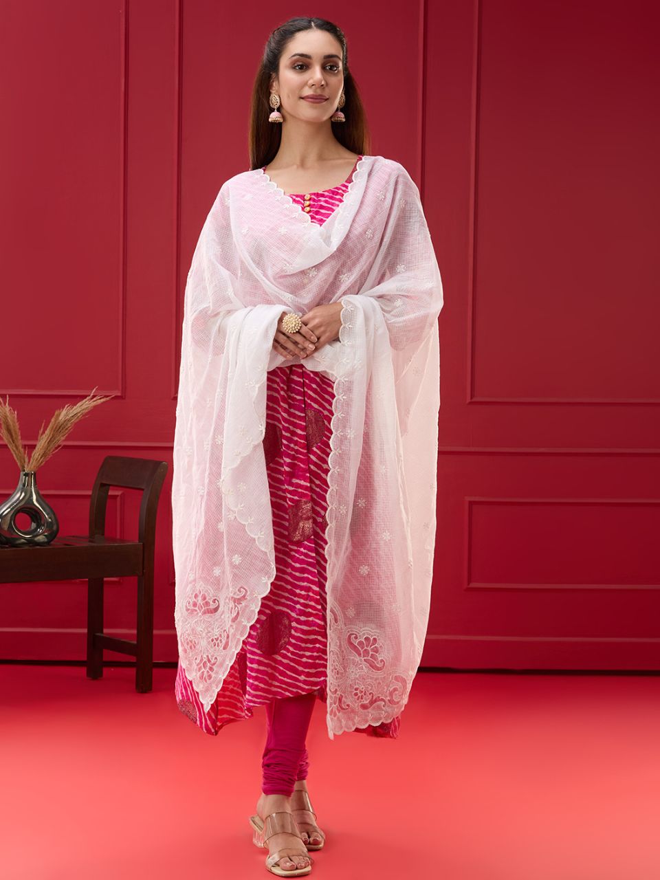 White Embroidered Kota Cotton Dupatta with Cutwork on Corners