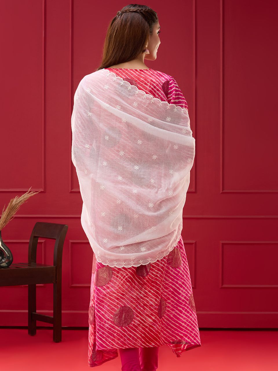 White Embroidered Kota Cotton Dupatta with Cutwork on Corners