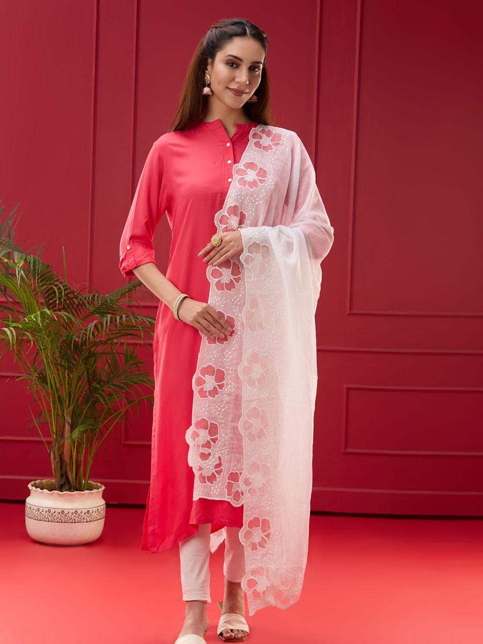 White Embroidered Kota Cotton Dupatta with Cutwork on Border