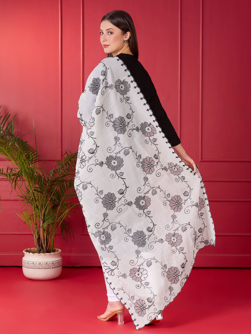 Off White & Black Embroidered Chanderii Dupatta with Floral Embroidery