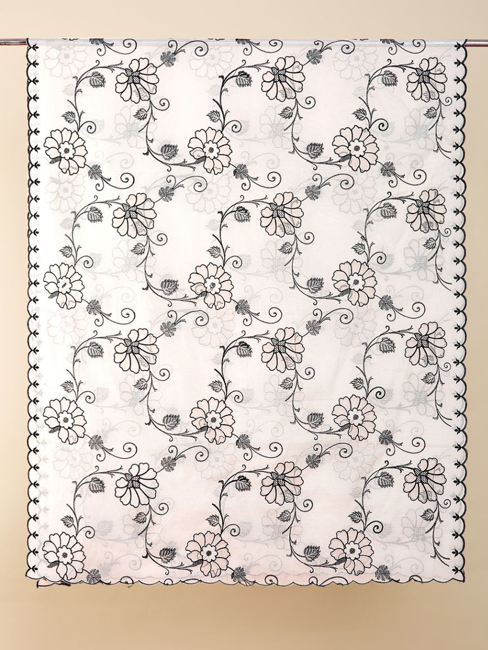Off White & Black Embroidered Chanderii Dupatta with Floral Embroidery