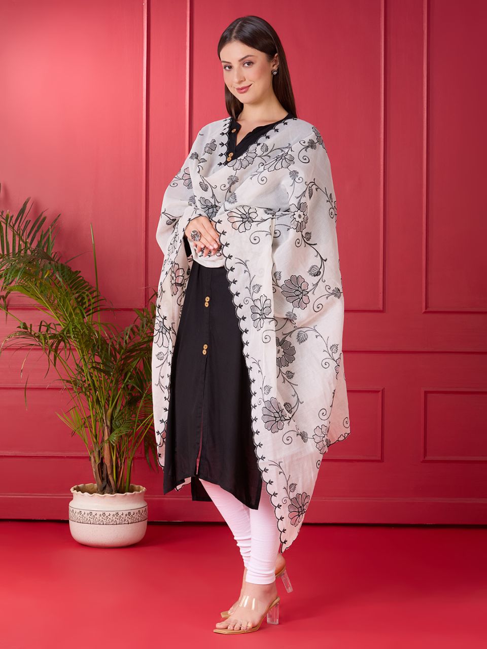 Off White & Black Embroidered Chanderii Dupatta with Floral Embroidery