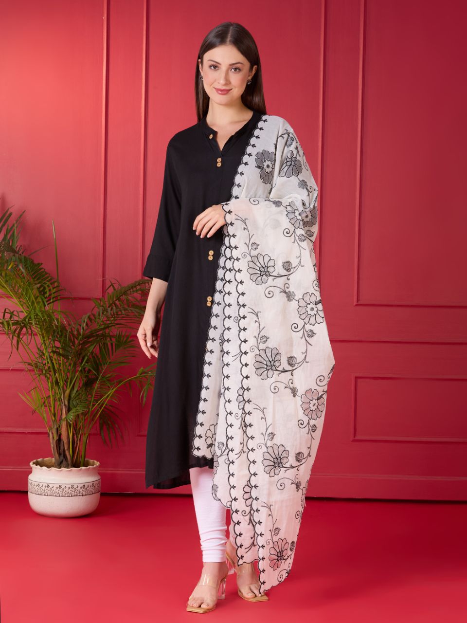 Off White & Black Embroidered Chanderii Dupatta with Floral Embroidery