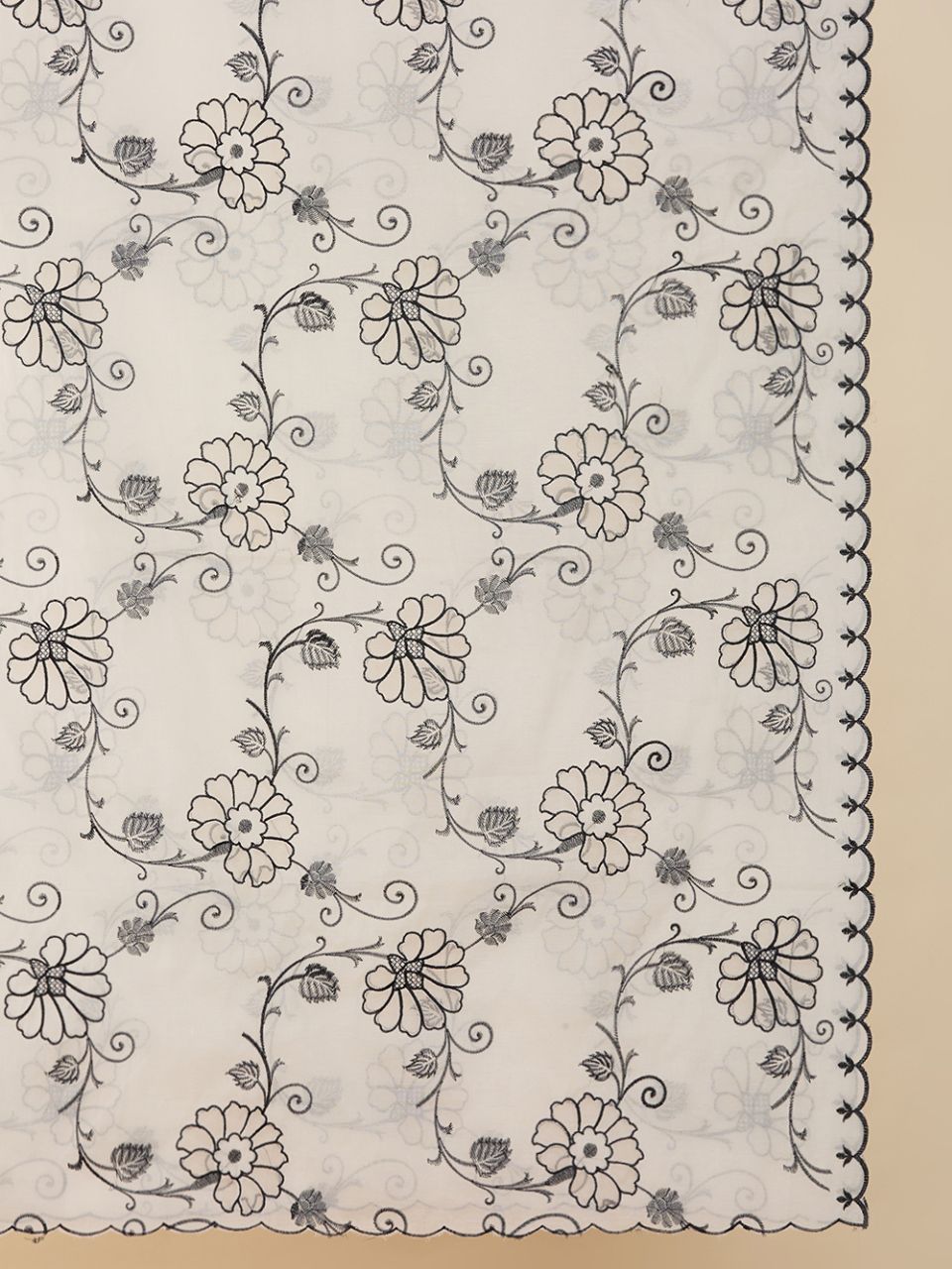 Off White & Black Embroidered Chanderii Dupatta with Floral Embroidery