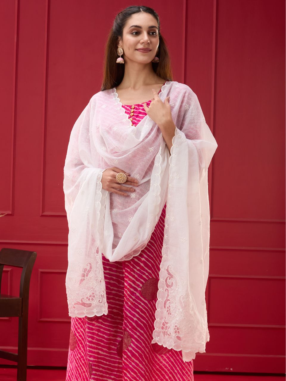 White Embroidered Kota Cotton Dupatta with Cutwork on Corners