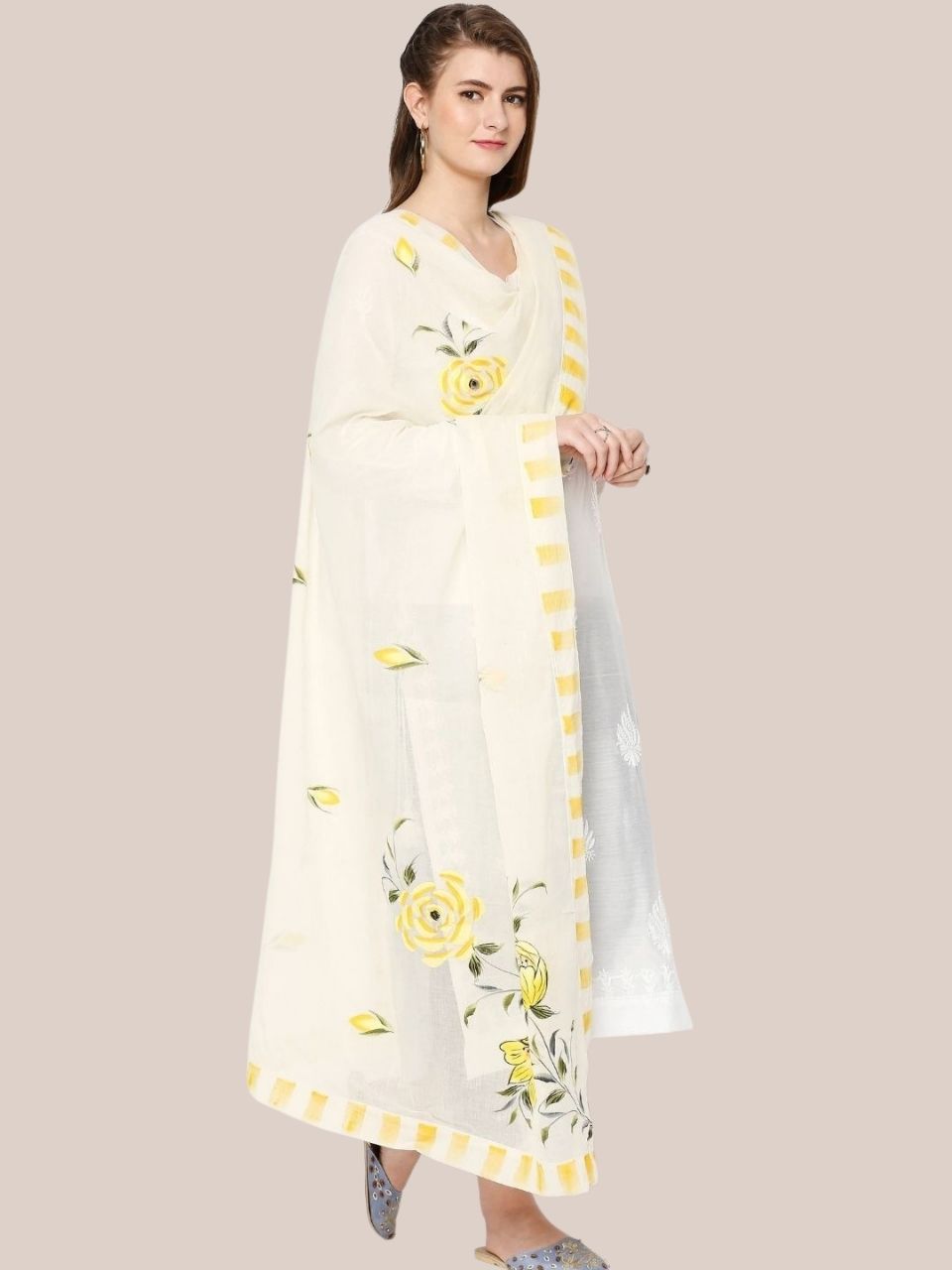 Cream & Yellow Hand Painted Pure Cotton Dupatta