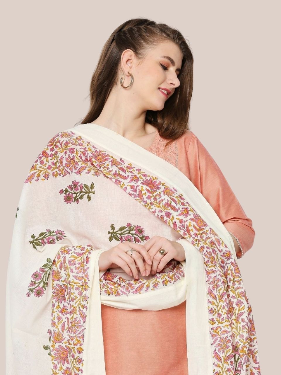 Off White & Pink Block Printed Pure Cotton Dupatta