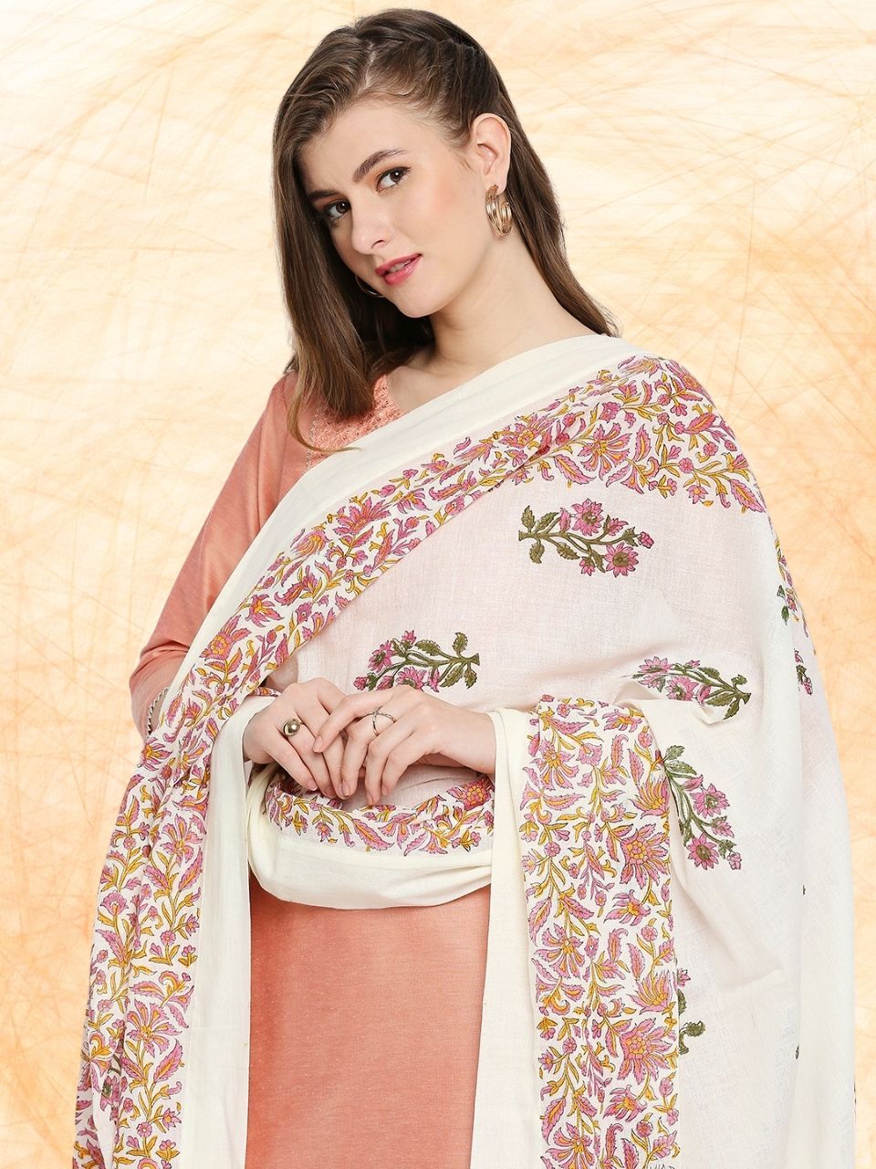 Off White & Pink Block Printed Pure Cotton Dupatta