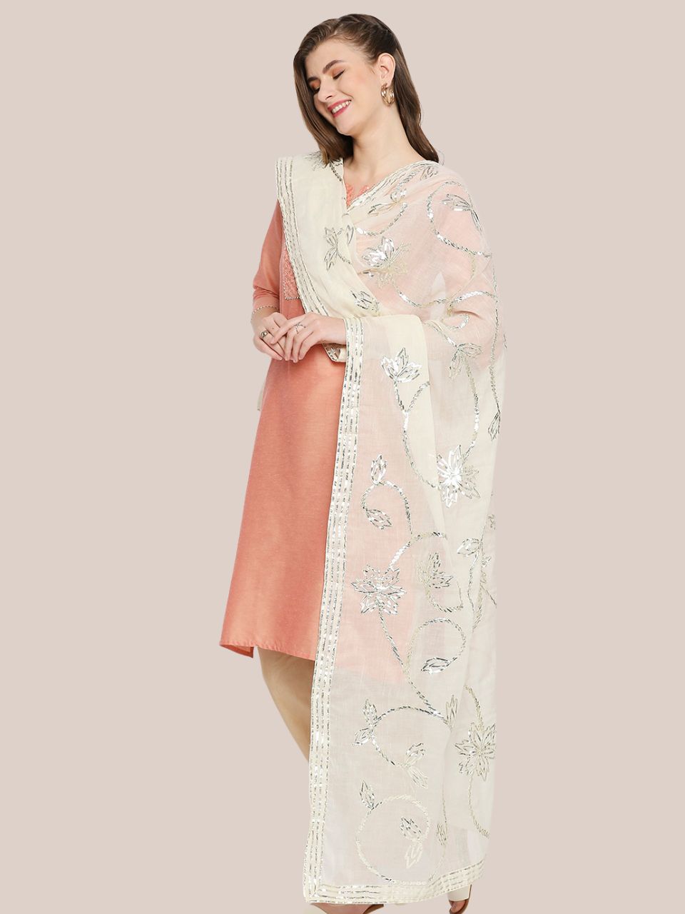 White Pure Cotton Dupatta with Silver Gotta Work