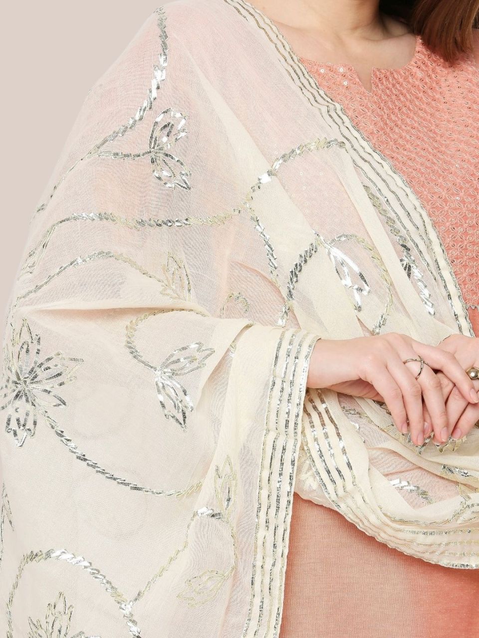 White Pure Cotton Dupatta with Silver Gotta Work