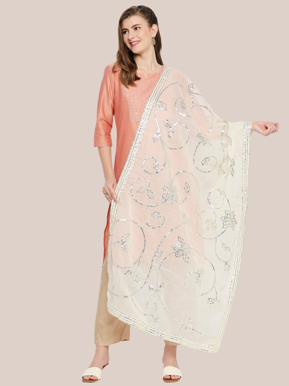 White Pure Cotton Dupatta with Silver Gotta Work