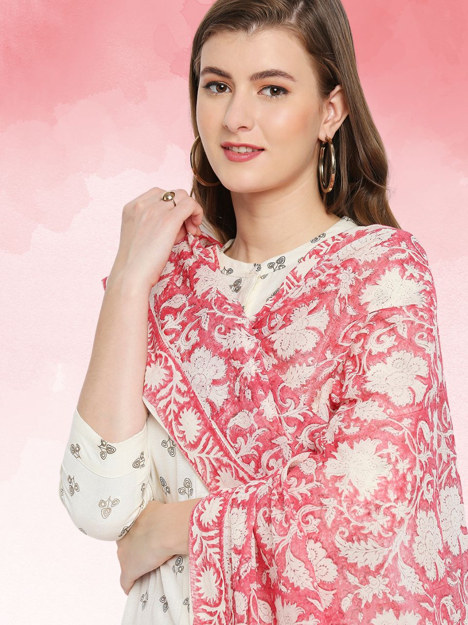 Pink & White Hand Block Printed Pure Cotton Dupatta