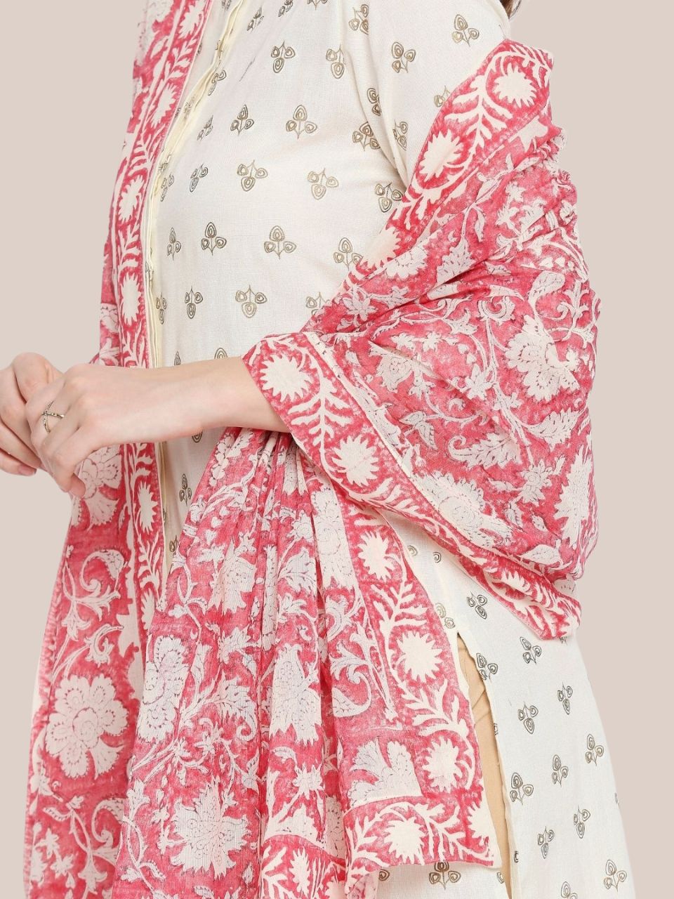 Pink & White Hand Block Printed Pure Cotton Dupatta
