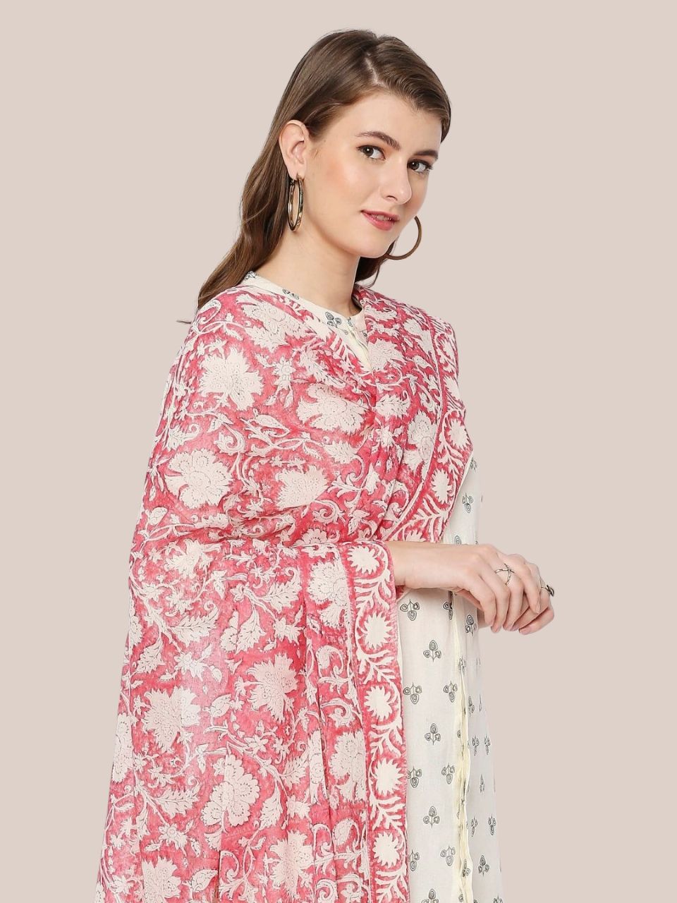Pink & White Hand Block Printed Pure Cotton Dupatta