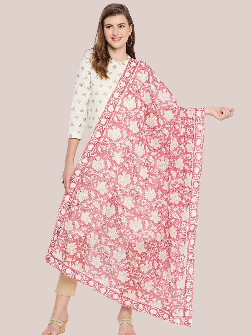 Pink & White Hand Block Printed Pure Cotton Dupatta