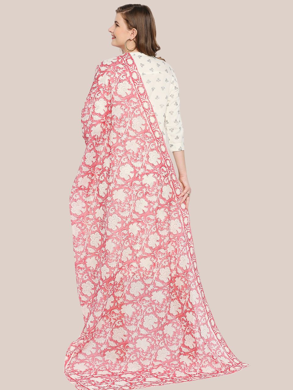 Pink & White Hand Block Printed Pure Cotton Dupatta