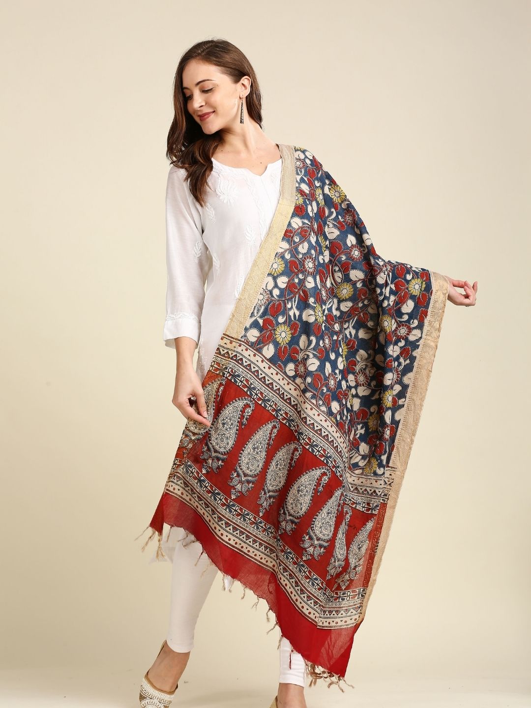 Kalamkari Mangalgiri Dark Blue & Maroon Cotton Dupatta