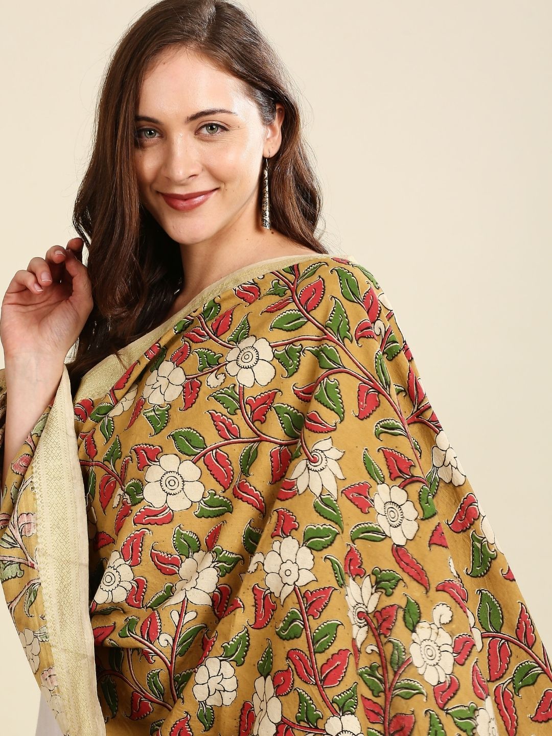 Kalamkari Mangalgiri Mustard & Green Cotton Dupatta