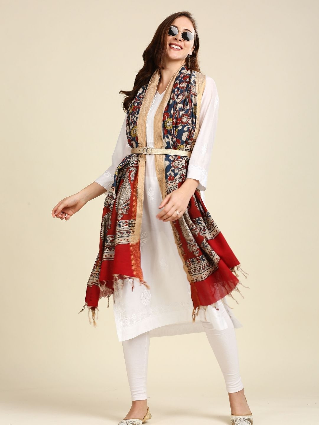 Kalamkari Mangalgiri Dark Blue & Maroon Cotton Dupatta