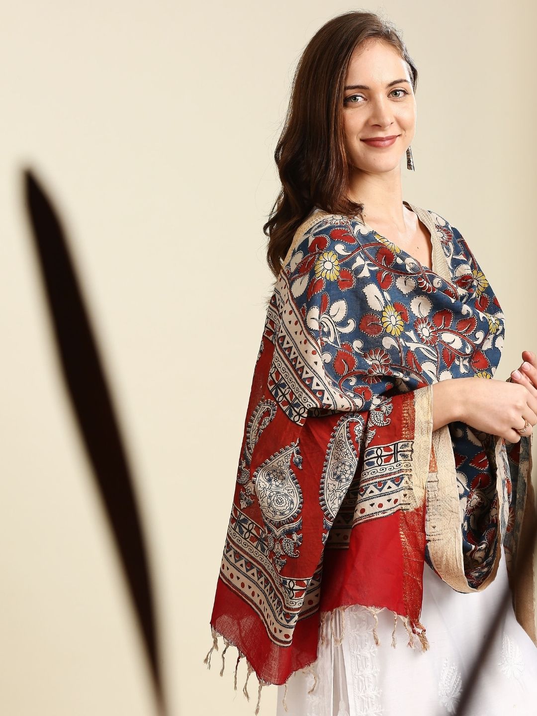 Kalamkari Mangalgiri Dark Blue & Maroon Cotton Dupatta