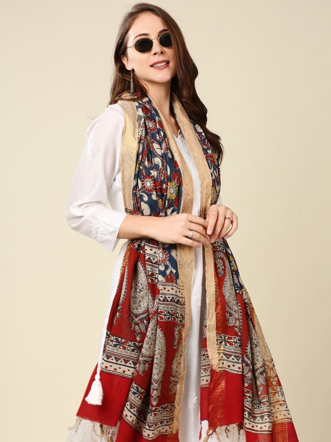 Kalamkari Mangalgiri Dark Blue & Maroon Cotton Dupatta