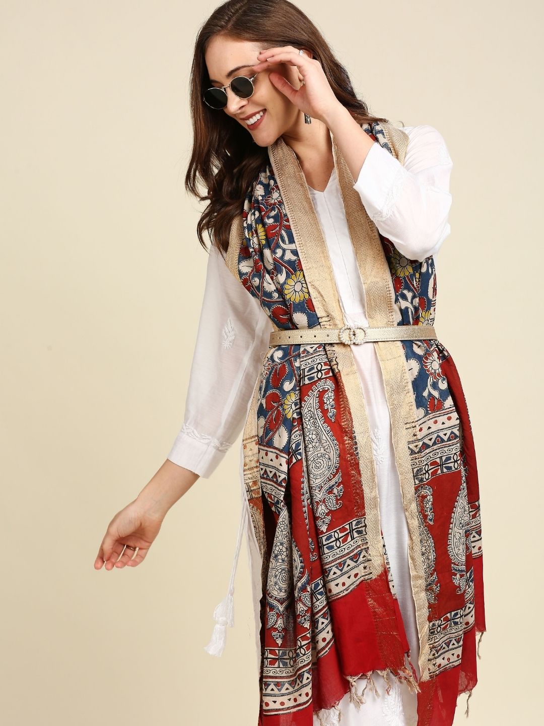 Kalamkari Mangalgiri Dark Blue & Maroon Cotton Dupatta