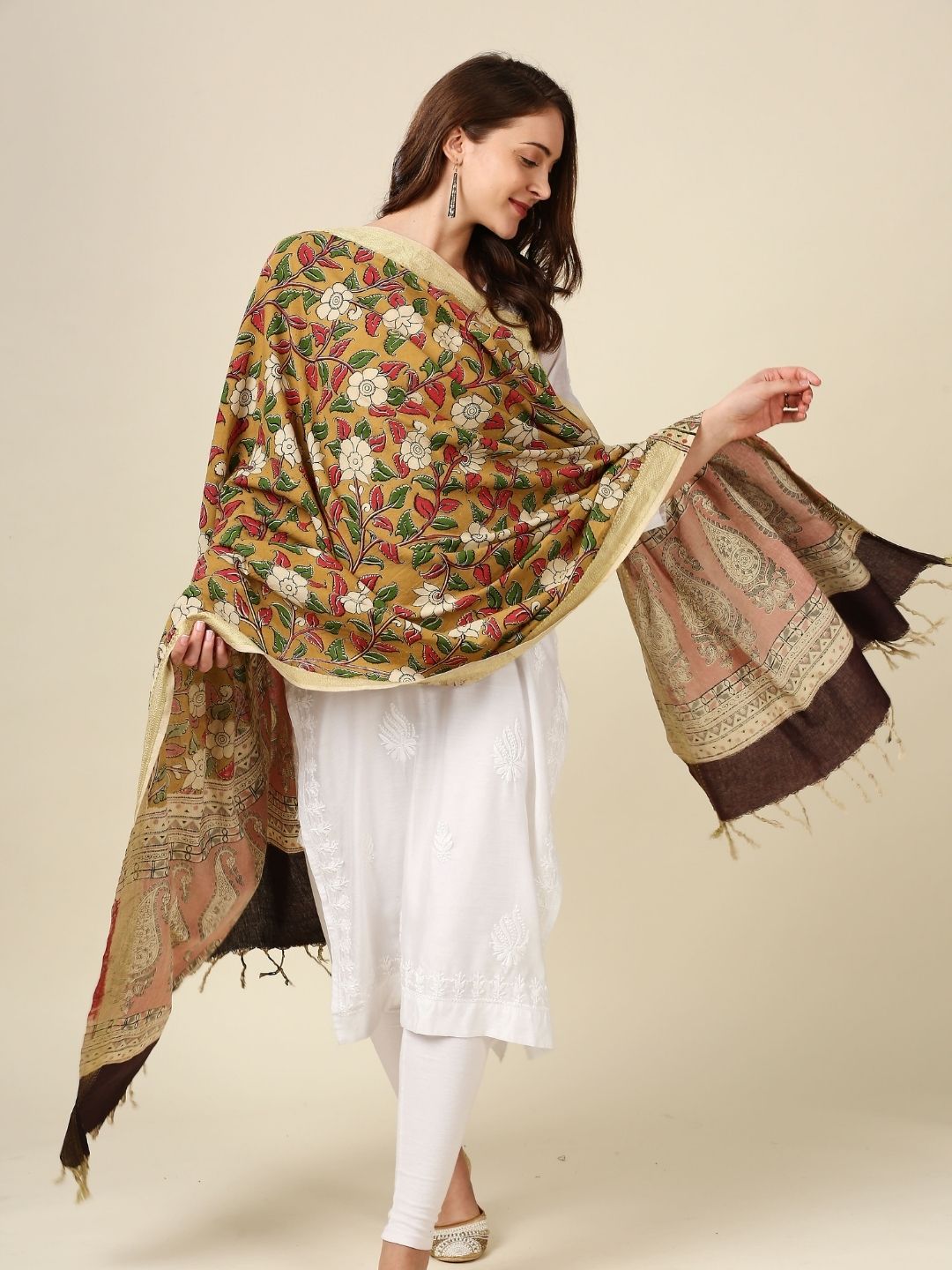 Kalamkari Mangalgiri Mustard & Green Cotton Dupatta