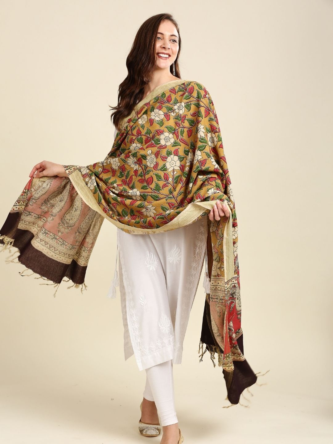 Kalamkari Mangalgiri Mustard & Green Cotton Dupatta