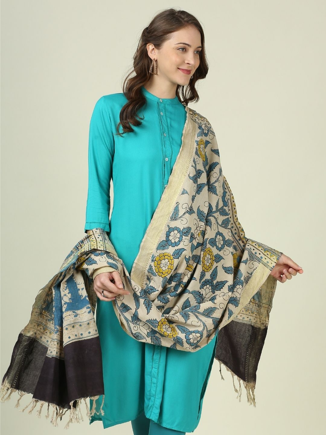 Kalamkari Mangalgiri Blue & Mustard Cotton Dupatta