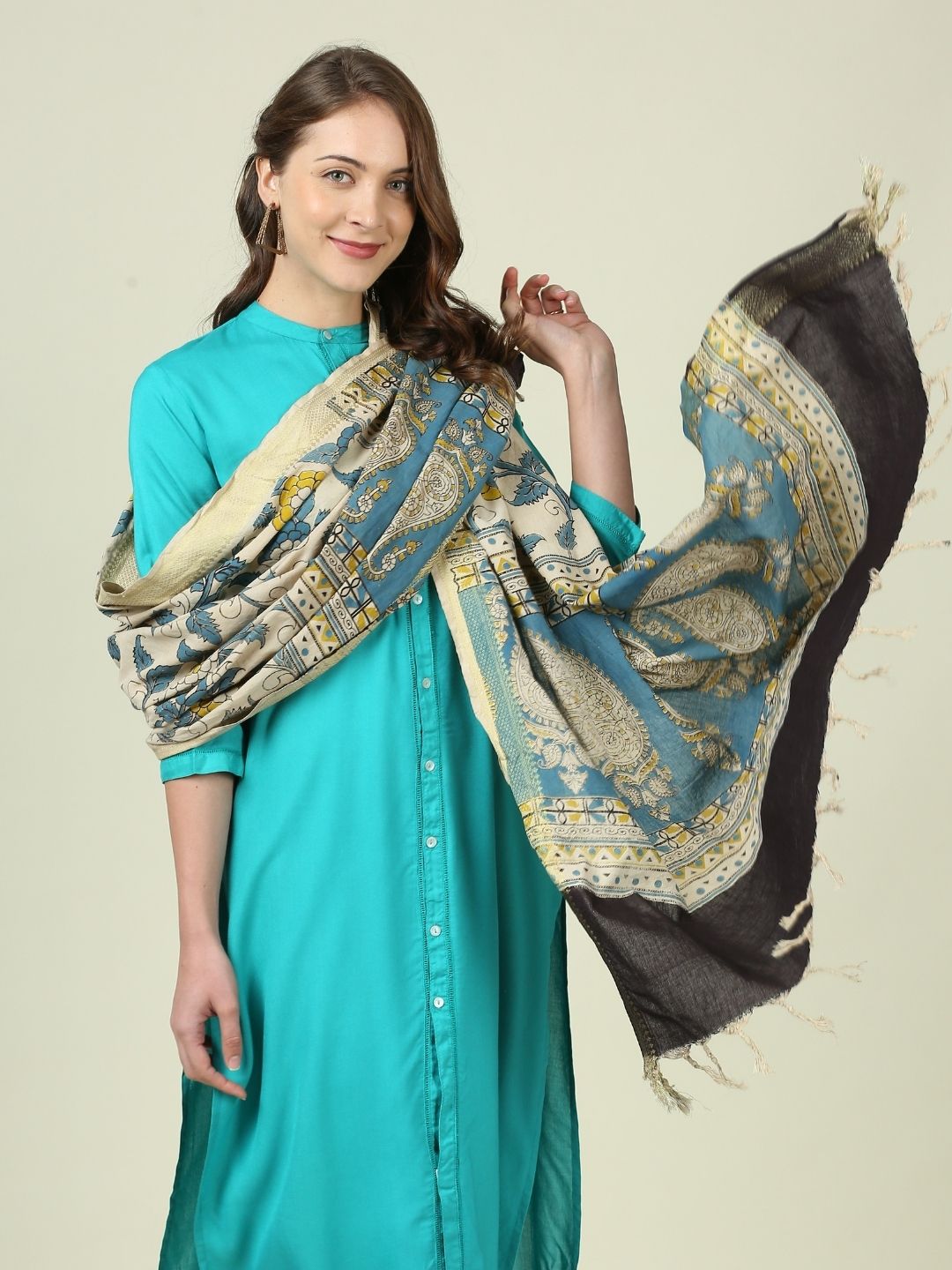 Kalamkari Mangalgiri Blue & Mustard Cotton Dupatta
