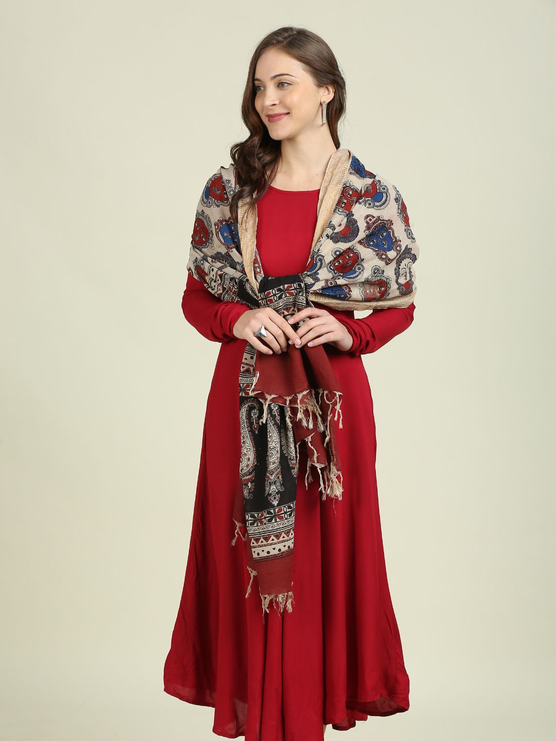 Kalamkari Mangalgiri Maroon & Multi Cotton Dupatta