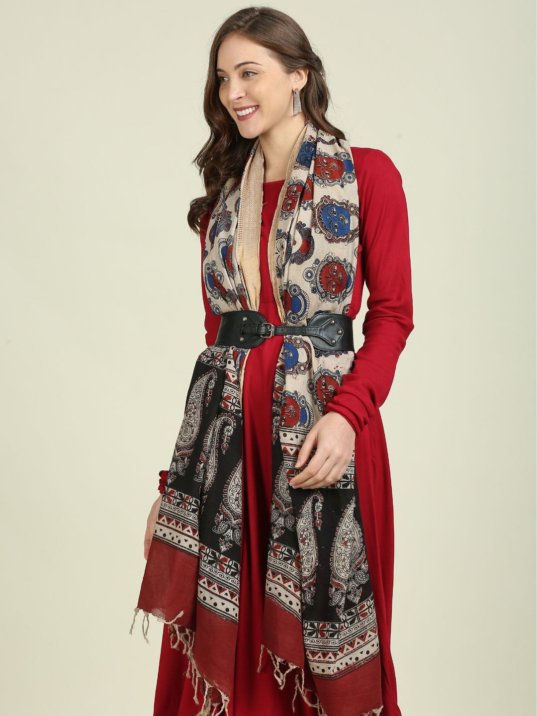 Kalamkari Mangalgiri Maroon & Multi Cotton Dupatta