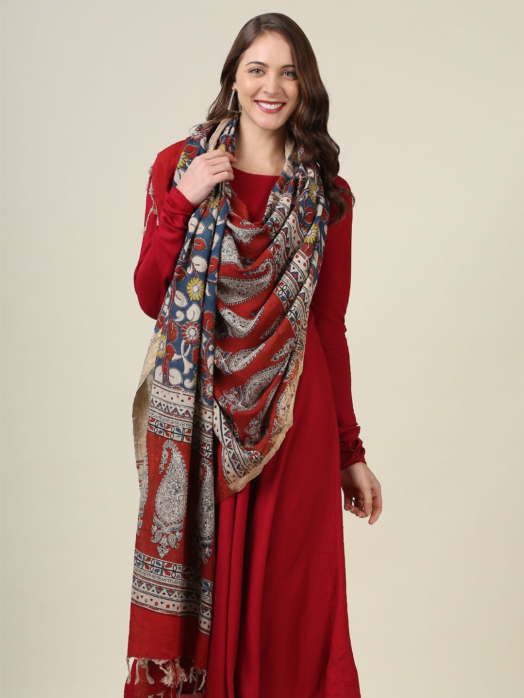 Kalamkari Mangalgiri Dark Blue & Maroon Cotton Dupatta