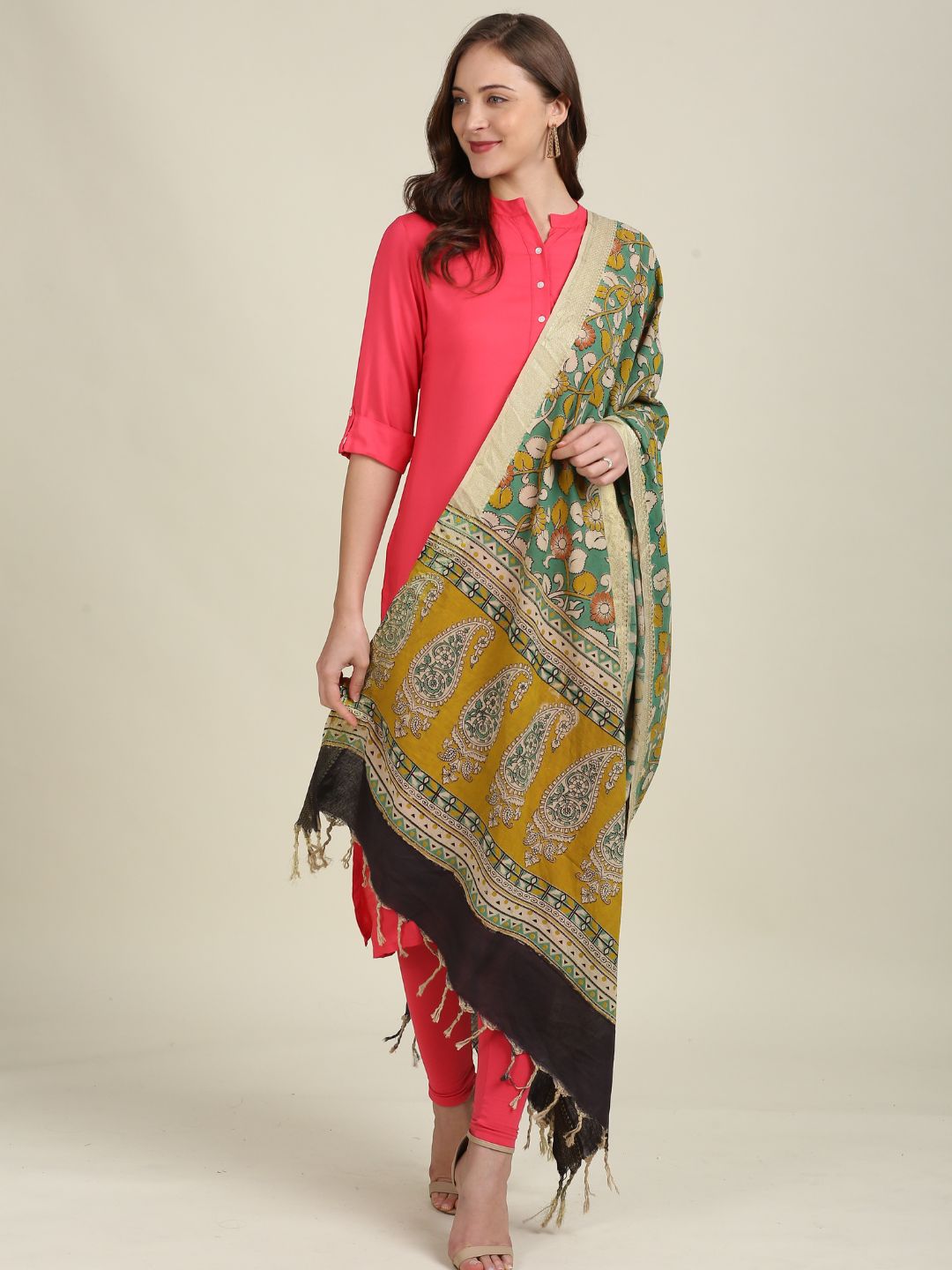 Kalamkari Mangalgiri Green & Mustard Cotton Dupatta