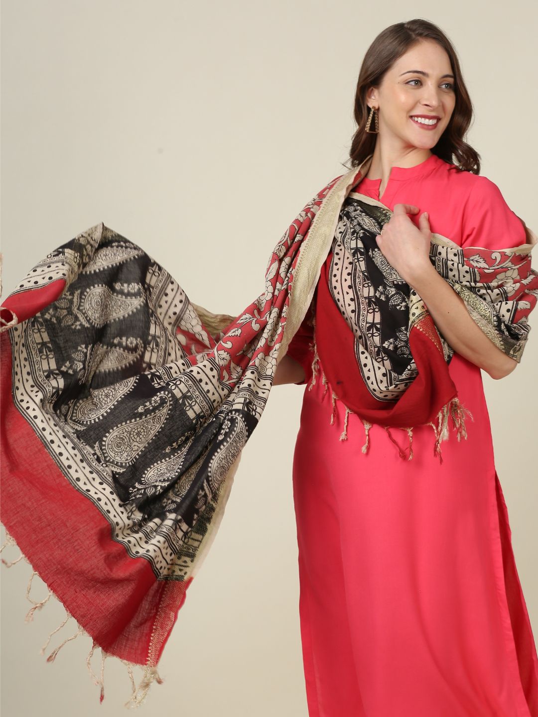 Kalamkari Mangalgiri Coral Cotton Dupatta