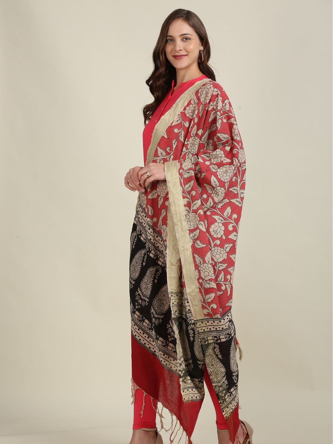 Kalamkari Mangalgiri Coral Cotton Dupatta