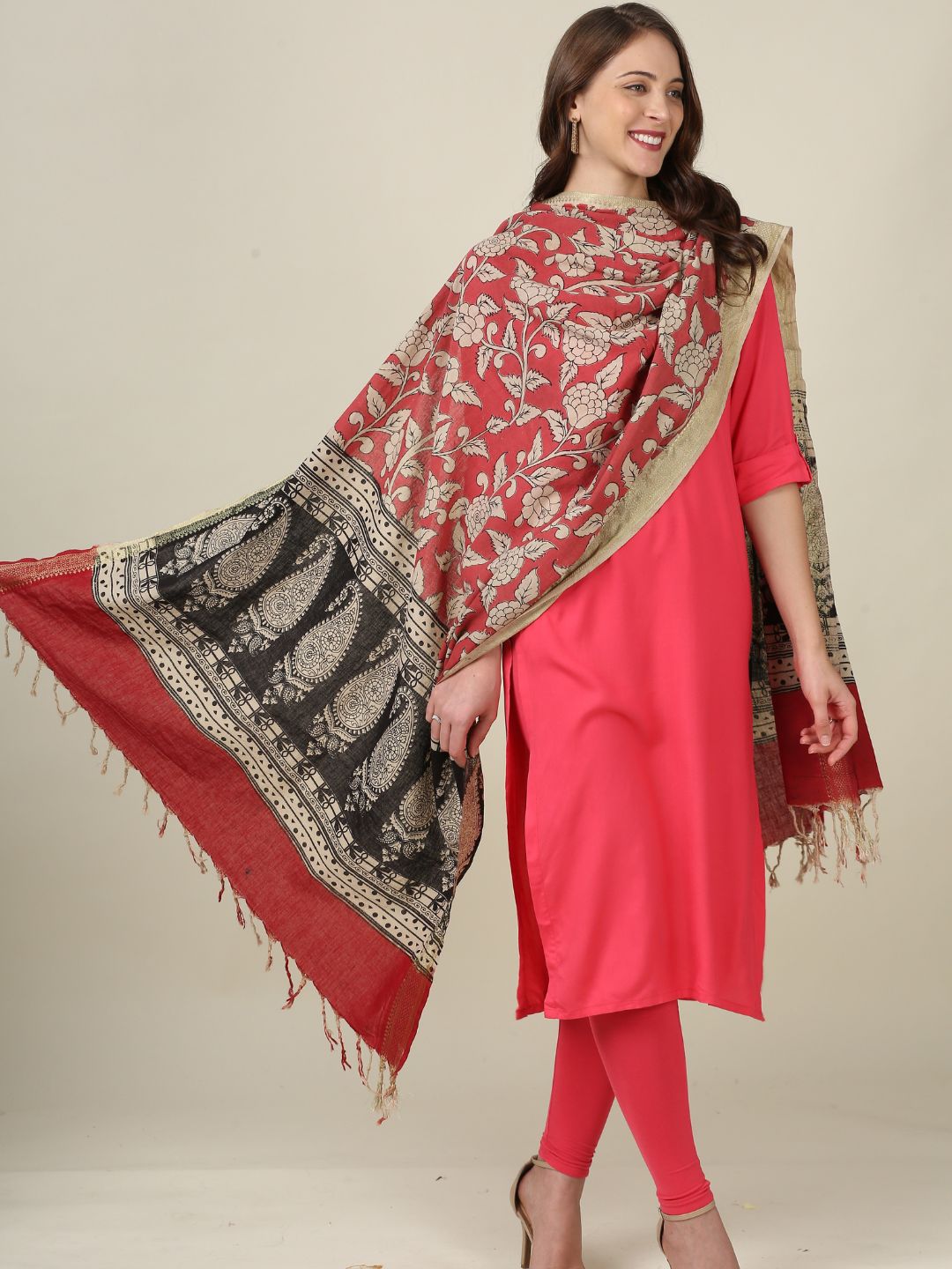 Kalamkari Mangalgiri Coral Cotton Dupatta