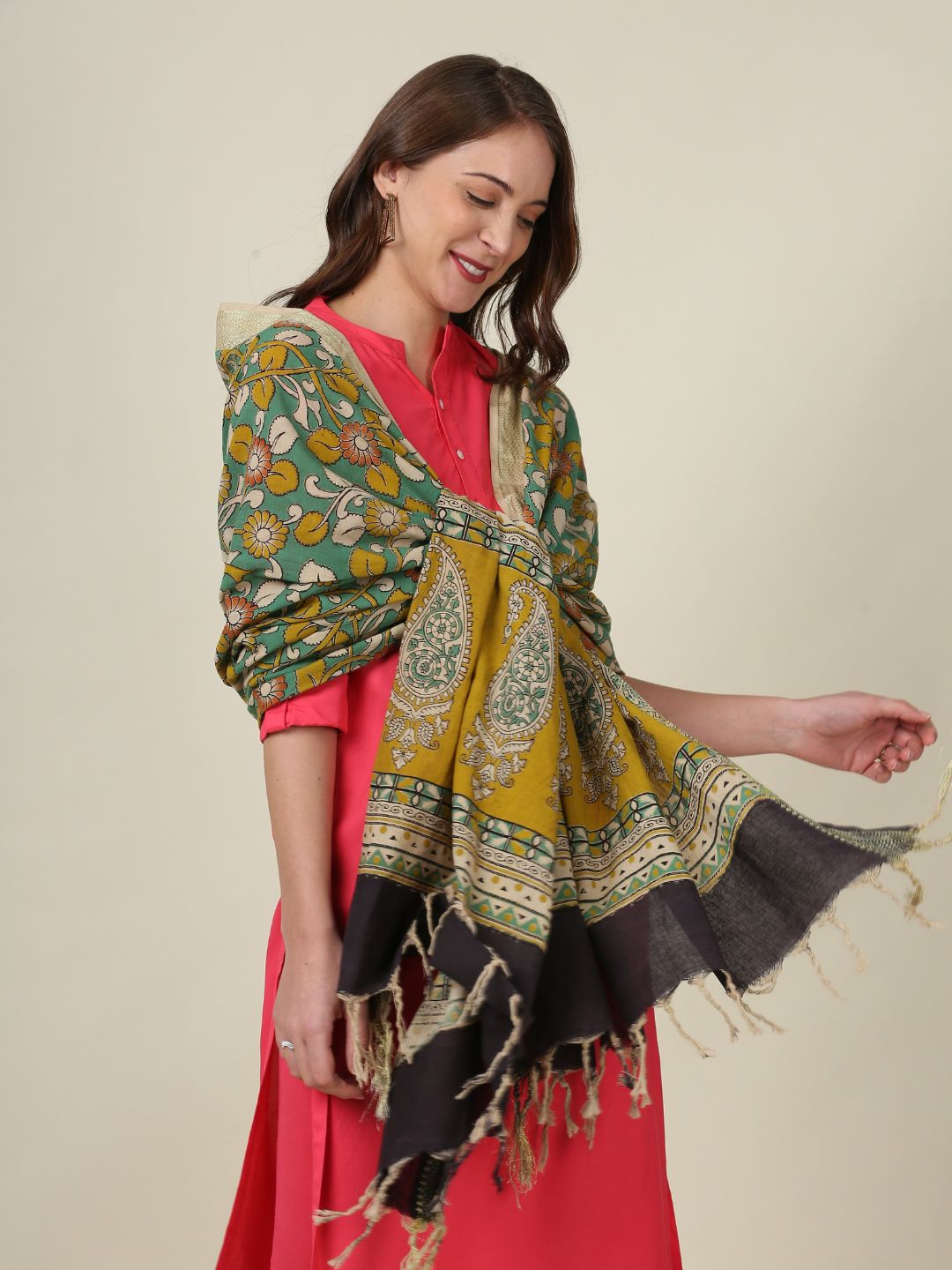 Kalamkari Mangalgiri Green & Mustard Cotton Dupatta