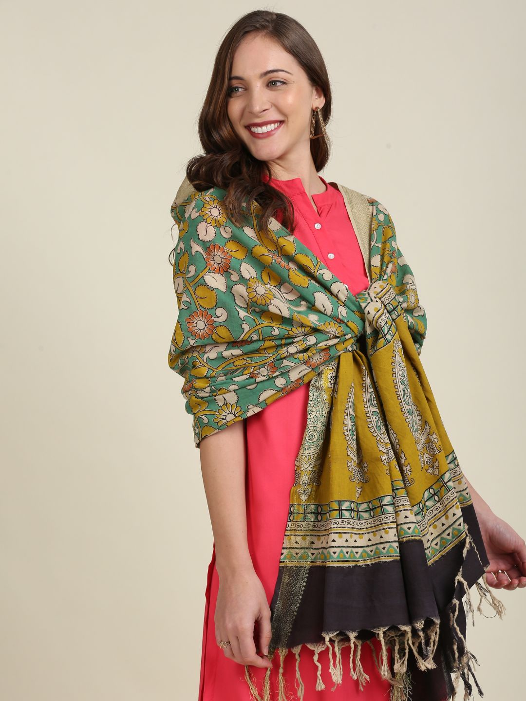 Kalamkari Mangalgiri Green & Mustard Cotton Dupatta