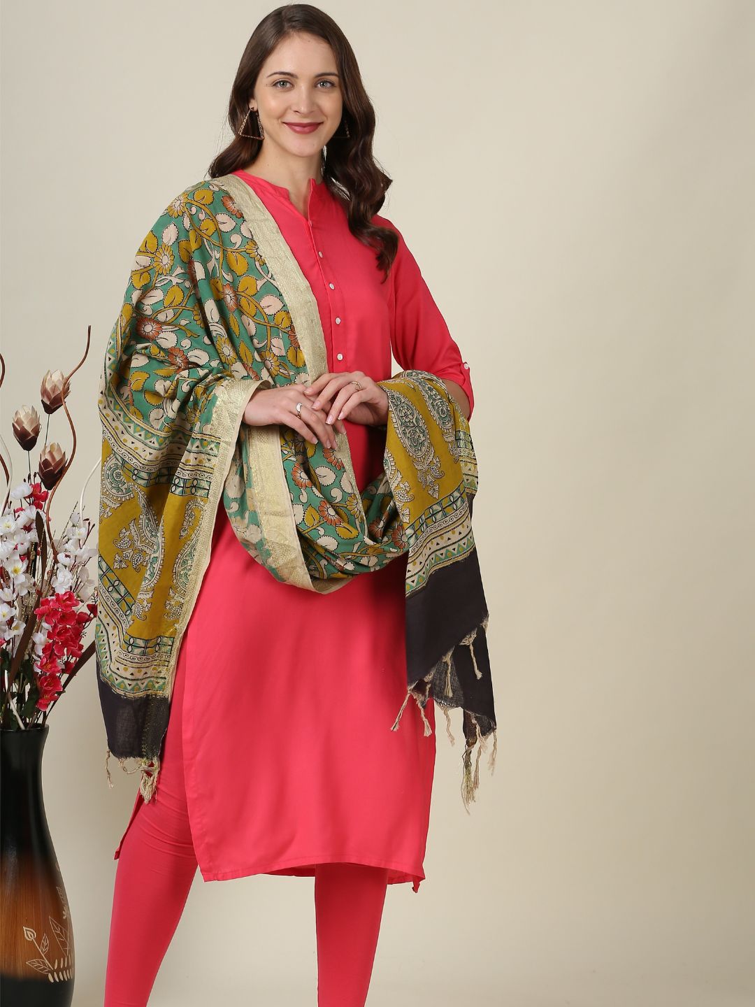 Kalamkari Mangalgiri Green & Mustard Cotton Dupatta