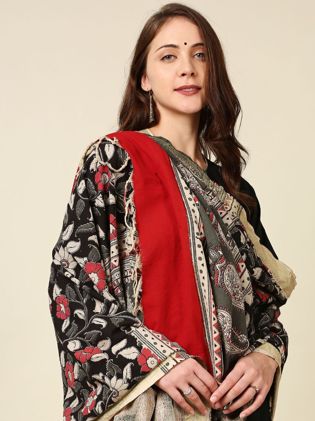 Kalamkari Mangalgiri Black & Coral Cotton Dupatta