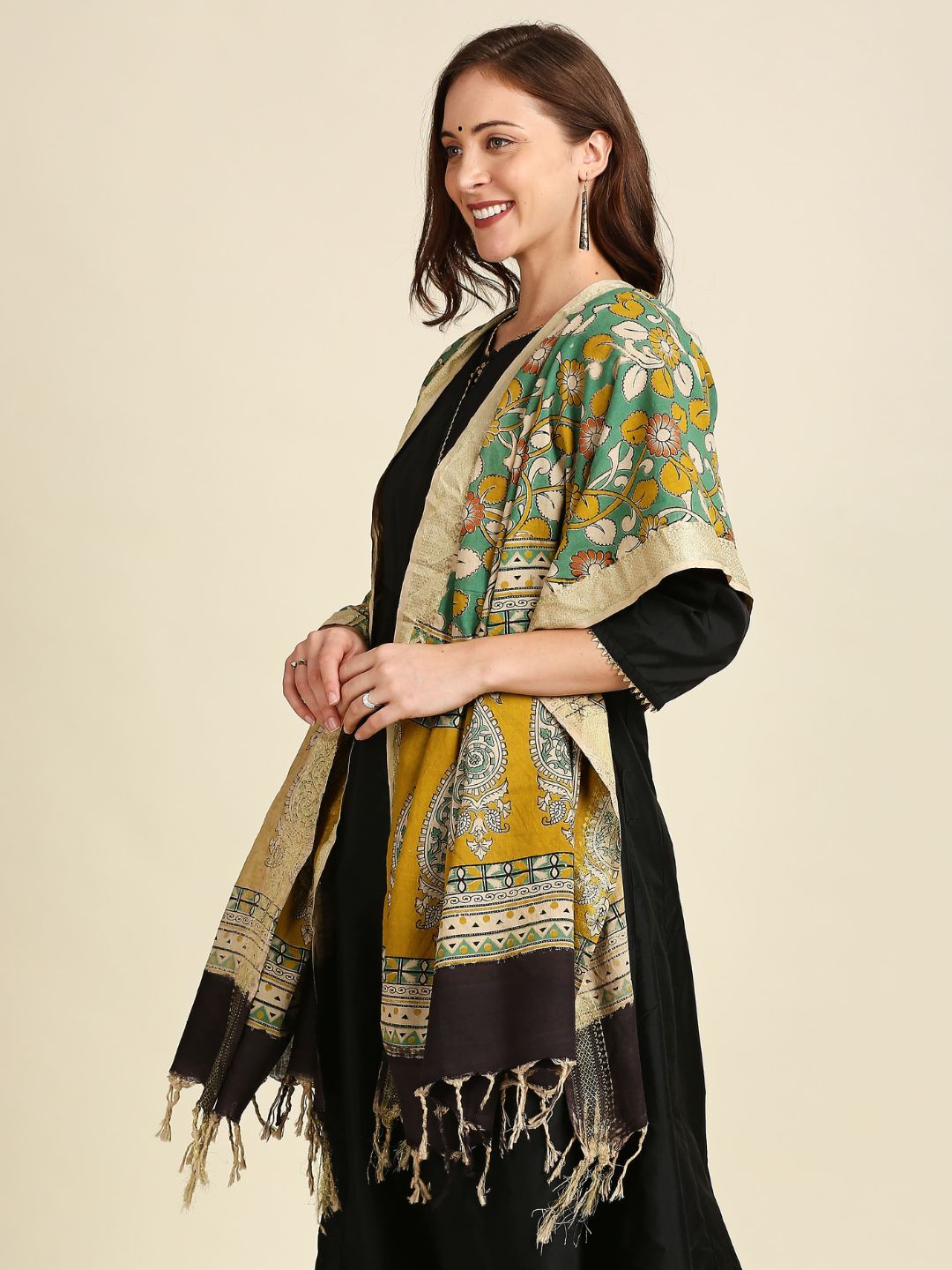 Kalamkari Mangalgiri Green & Mustard Cotton Dupatta