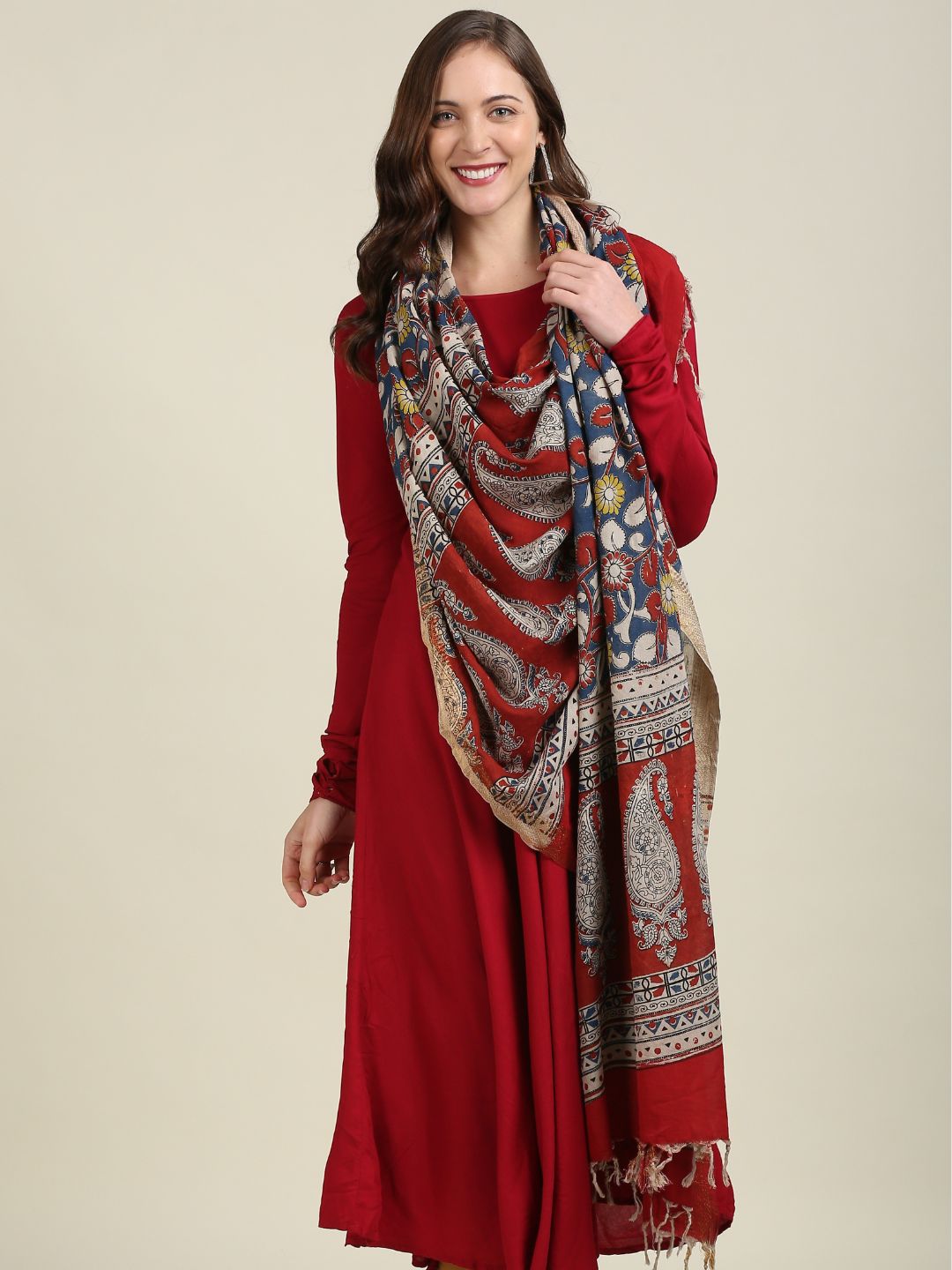 Kalamkari Mangalgiri Dark Blue & Maroon Cotton Dupatta