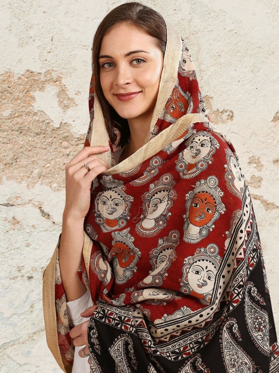 Kalamkari Mangalgiri Maroon & Multi Cotton Dupatta