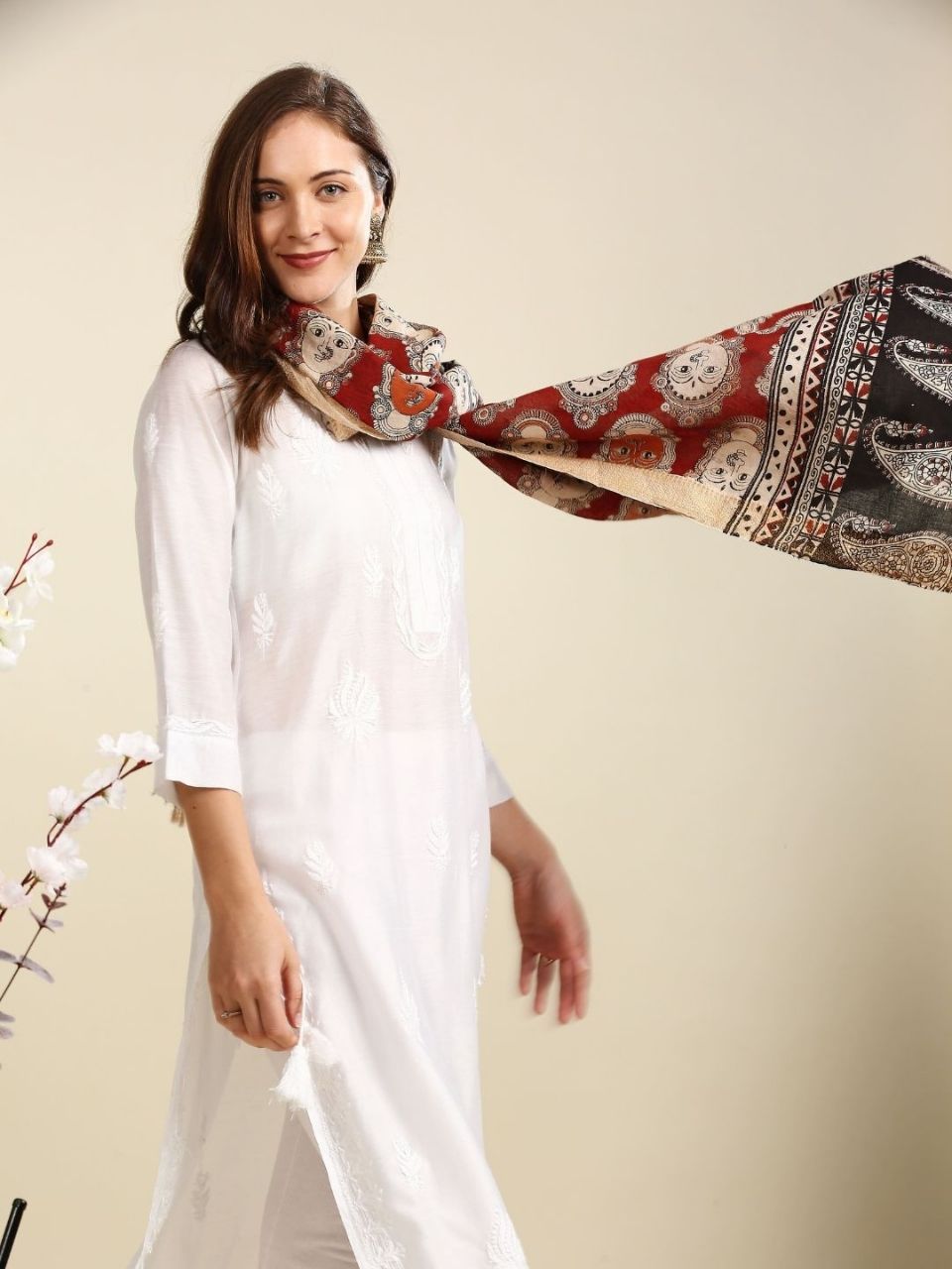 Kalamkari Mangalgiri Maroon & Multi Cotton Dupatta