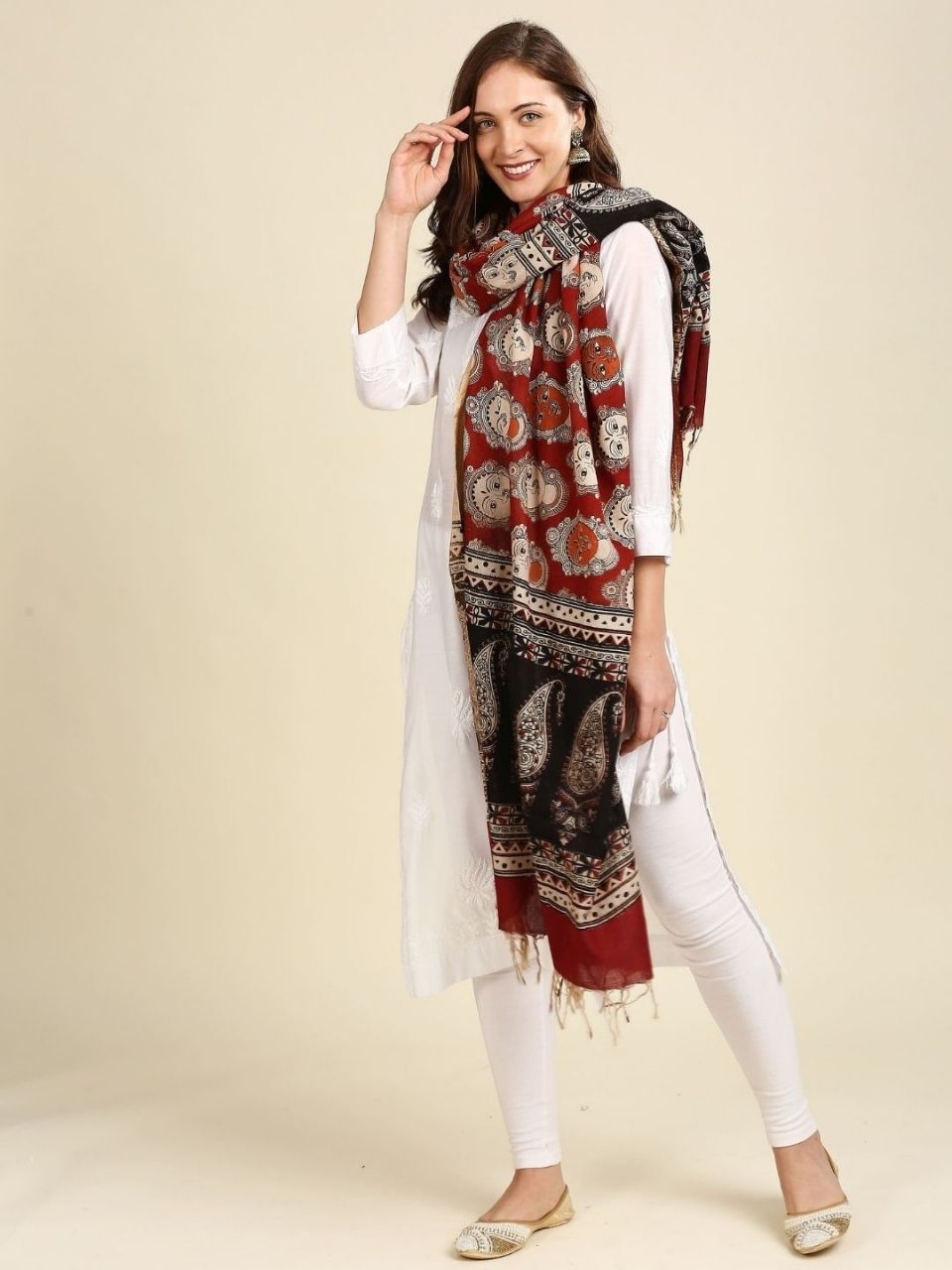 Kalamkari Mangalgiri Maroon & Multi Cotton Dupatta
